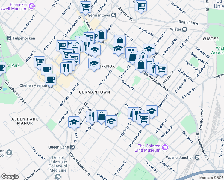 map of restaurants, bars, coffee shops, grocery stores, and more near 152 West Penn Street in Philadelphia