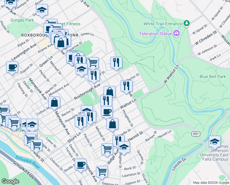 map of restaurants, bars, coffee shops, grocery stores, and more near 540 Jamestown Avenue in Philadelphia