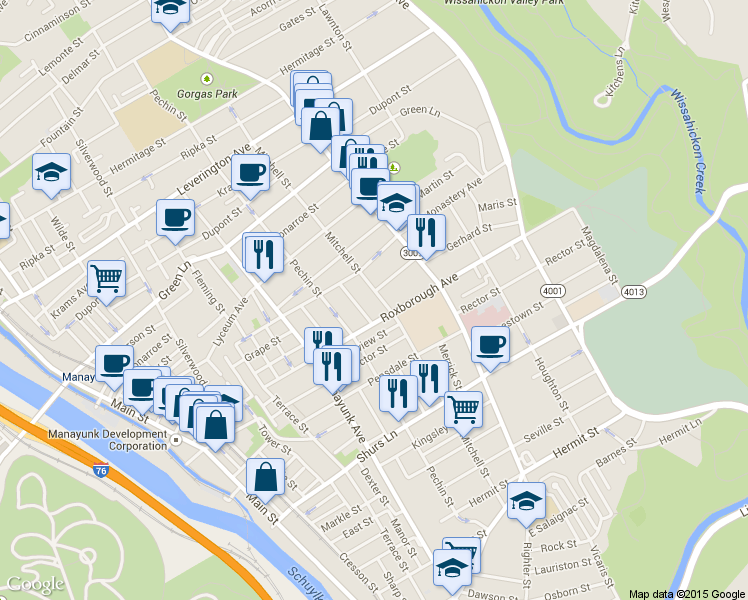 map of restaurants, bars, coffee shops, grocery stores, and more near 4314 Freeland Avenue in Philadelphia