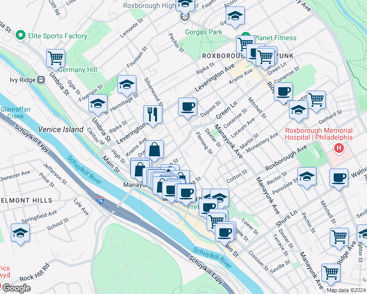 map of restaurants, bars, coffee shops, grocery stores, and more near 219 Green Lane in Philadelphia