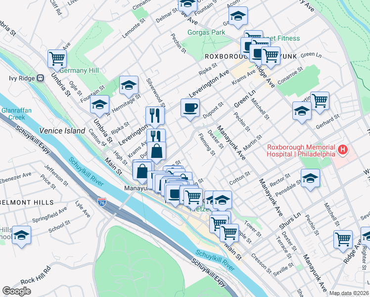 map of restaurants, bars, coffee shops, grocery stores, and more near 219 Green Lane in Philadelphia