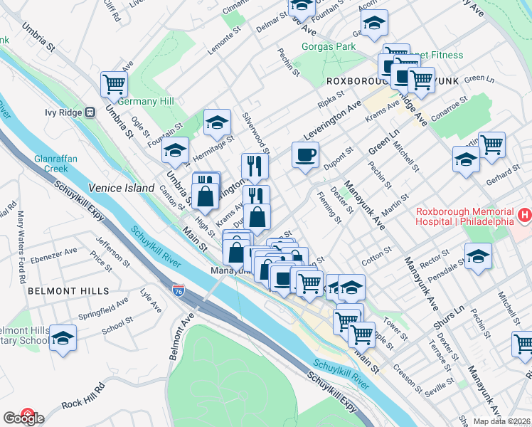 map of restaurants, bars, coffee shops, grocery stores, and more near 4515 Wilde Street in Philadelphia