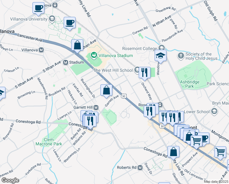 map of restaurants, bars, coffee shops, grocery stores, and more near 28 Garrett Avenue in Bryn Mawr