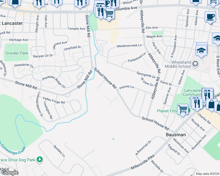 map of restaurants, bars, coffee shops, grocery stores, and more near 220 School House Road in Lancaster