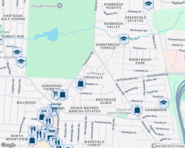 map of restaurants, bars, coffee shops, grocery stores, and more near 1335 Fountaine Drive in Columbus