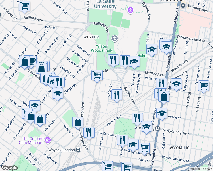 map of restaurants, bars, coffee shops, grocery stores, and more near 4927 1/2 North Uber Street in Philadelphia