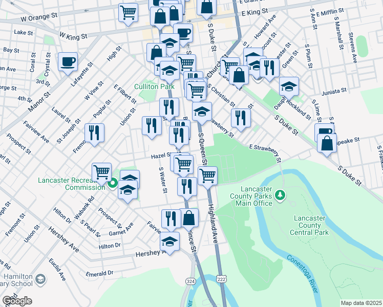 map of restaurants, bars, coffee shops, grocery stores, and more near 505 Beaver Street in Lancaster