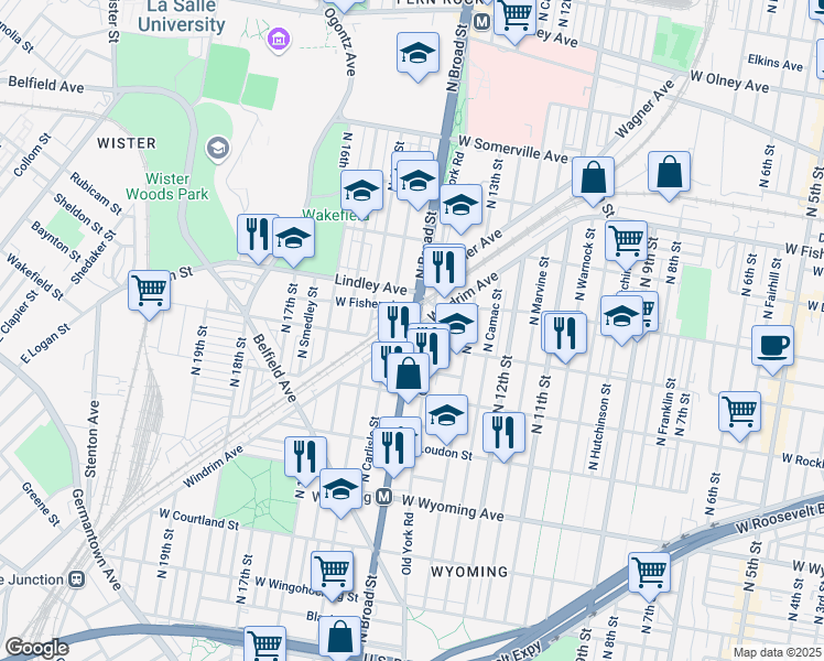 map of restaurants, bars, coffee shops, grocery stores, and more near N Broad St & Windrim Ave in Philadelphia