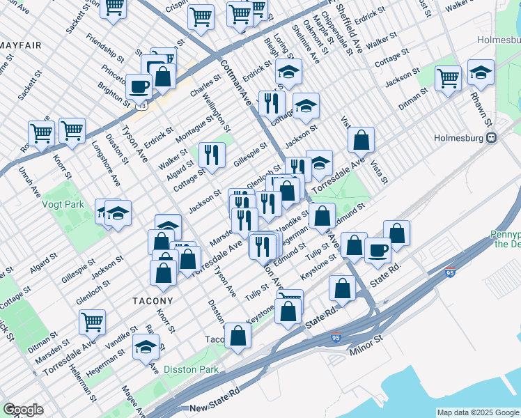 map of restaurants, bars, coffee shops, grocery stores, and more near 7132 Marsden Street in Philadelphia