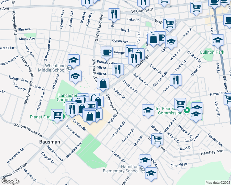 map of restaurants, bars, coffee shops, grocery stores, and more near 38 South Pearl Street in Lancaster
