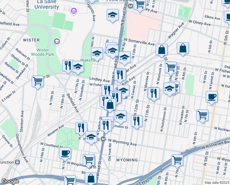 map of restaurants, bars, coffee shops, grocery stores, and more near 5014 Old York Road in Philadelphia