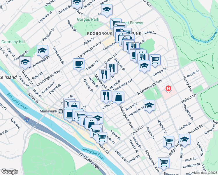 map of restaurants, bars, coffee shops, grocery stores, and more near 352 Martin Street in Philadelphia