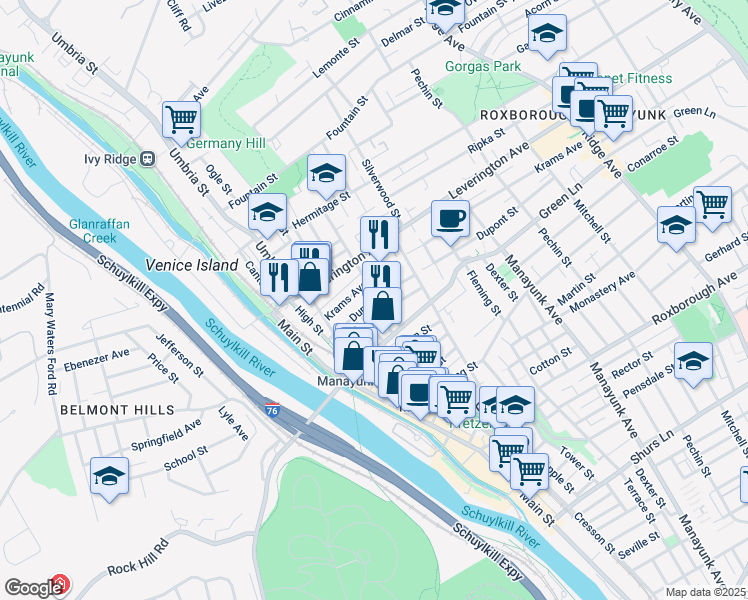 map of restaurants, bars, coffee shops, grocery stores, and more near 4542 Wilde Street in Philadelphia