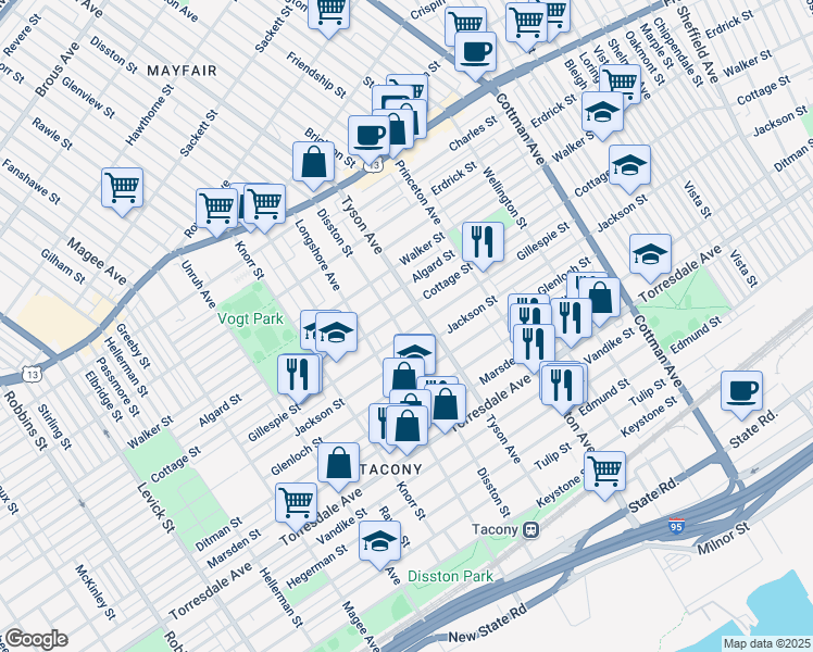map of restaurants, bars, coffee shops, grocery stores, and more near 4415 Disston Street in Philadelphia