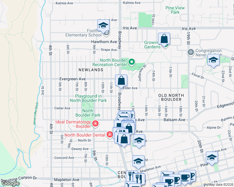 map of restaurants, bars, coffee shops, grocery stores, and more near 2950 Colorado 7 in Boulder