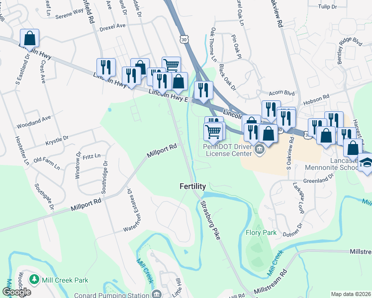 map of restaurants, bars, coffee shops, grocery stores, and more near 59 Strasburg Pike in Lancaster