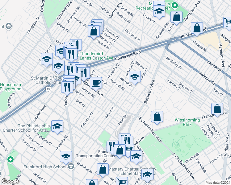 map of restaurants, bars, coffee shops, grocery stores, and more near 5836 Oakland Street in Philadelphia
