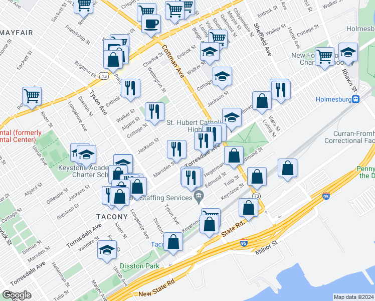 map of restaurants, bars, coffee shops, grocery stores, and more near 7128 Marsden Street in Philadelphia