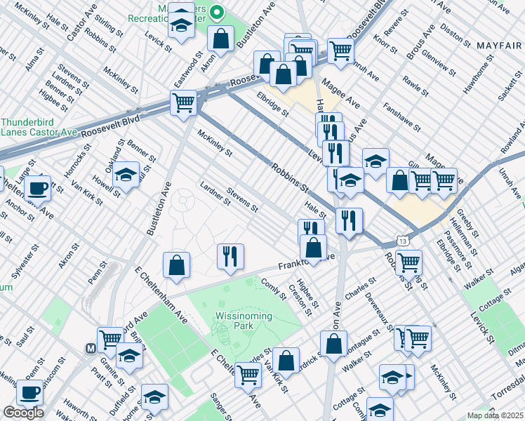 map of restaurants, bars, coffee shops, grocery stores, and more near 2803 Stevens Street in Philadelphia
