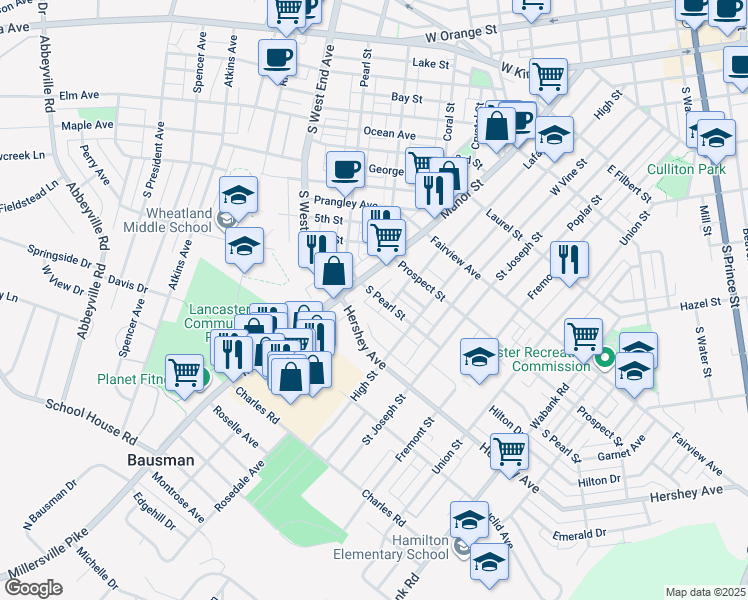 map of restaurants, bars, coffee shops, grocery stores, and more near 38 South Pearl Street in Lancaster