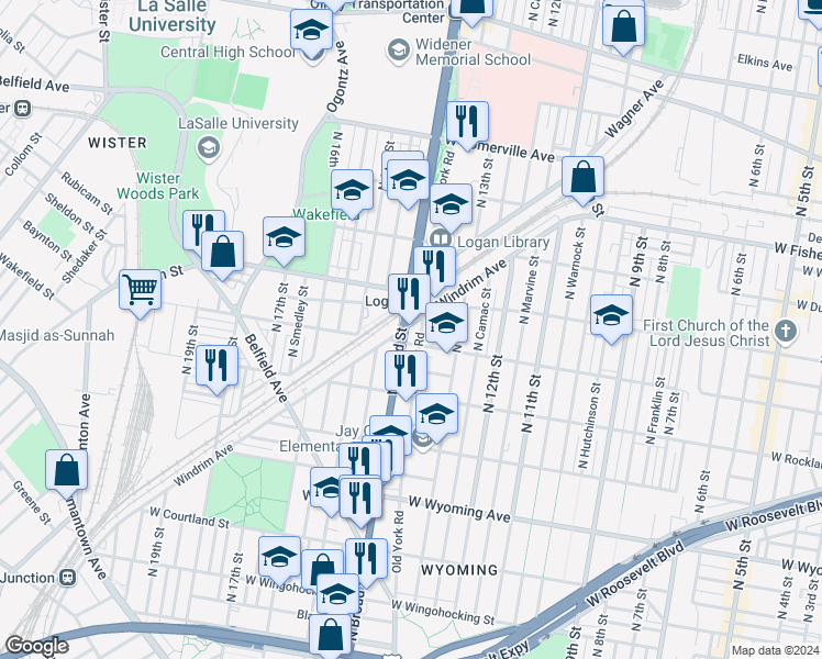 map of restaurants, bars, coffee shops, grocery stores, and more near 5015 North Broad Street in Philadelphia