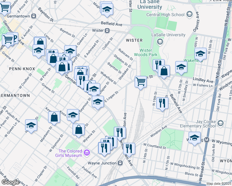 map of restaurants, bars, coffee shops, grocery stores, and more near East Logan Street in Philadelphia