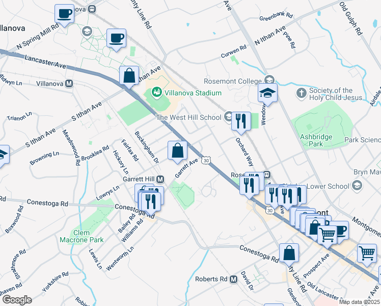 map of restaurants, bars, coffee shops, grocery stores, and more near 1004 Lancaster Avenue in Bryn Mawr