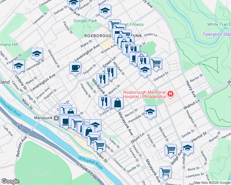 map of restaurants, bars, coffee shops, grocery stores, and more near 303 Monastery Avenue in Philadelphia