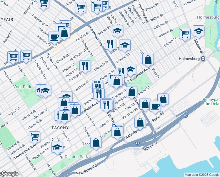map of restaurants, bars, coffee shops, grocery stores, and more near 7150 Torresdale Avenue in Philadelphia