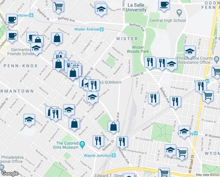 map of restaurants, bars, coffee shops, grocery stores, and more near East Logan Street in Philadelphia