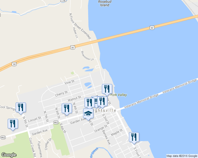 map of restaurants, bars, coffee shops, grocery stores, and more near 447 North Front Street in Wrightsville