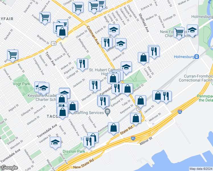 map of restaurants, bars, coffee shops, grocery stores, and more near 7165 Marsden Street in Philadelphia