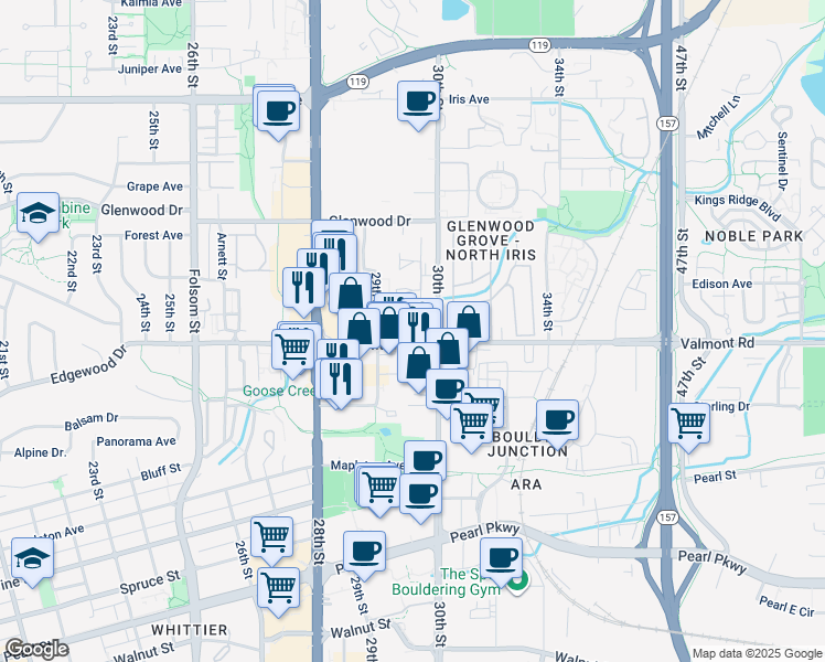 map of restaurants, bars, coffee shops, grocery stores, and more near 2940 Valmont Road in Boulder