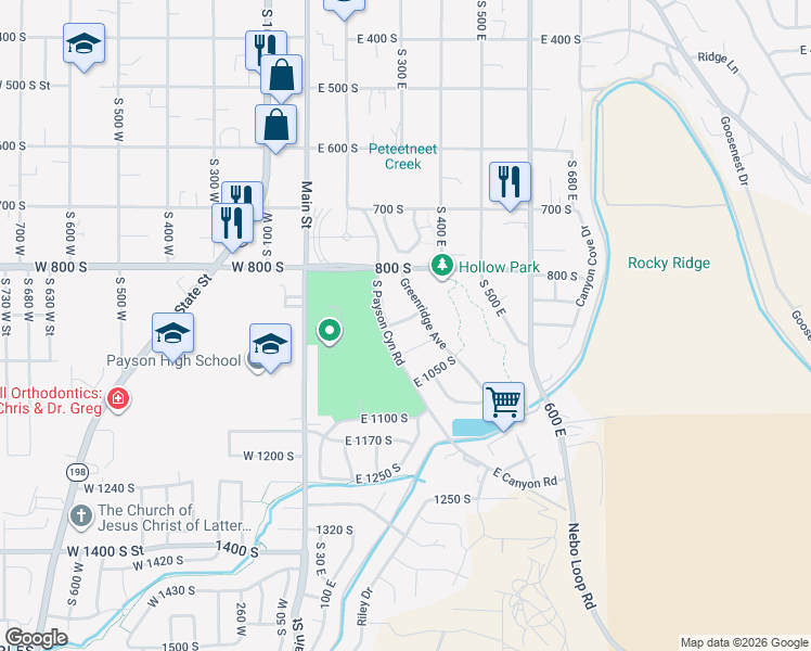 map of restaurants, bars, coffee shops, grocery stores, and more near 288 East 900 South in Payson