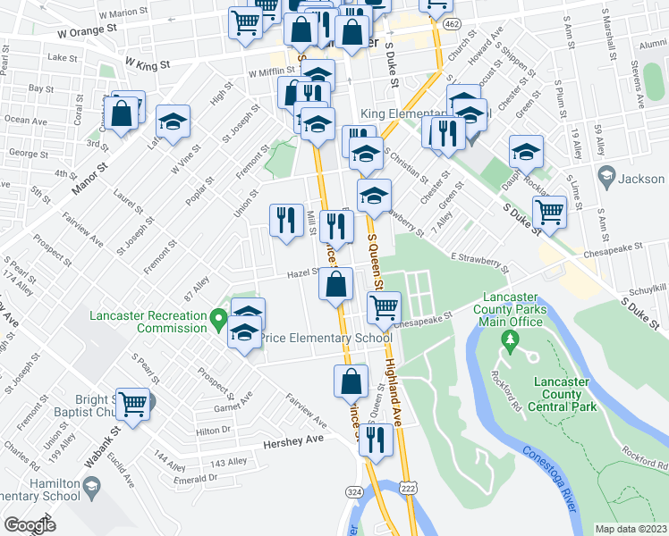 map of restaurants, bars, coffee shops, grocery stores, and more near 463 South Prince Street in Lancaster