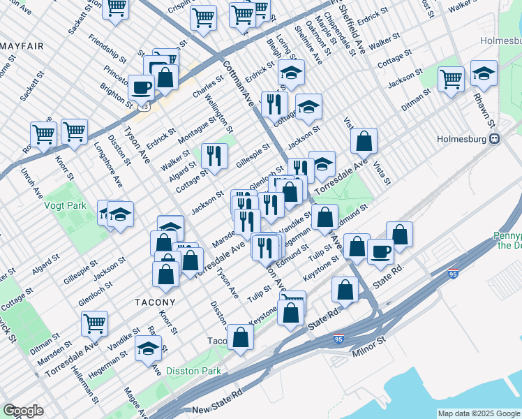 map of restaurants, bars, coffee shops, grocery stores, and more near 7130 Marsden Street in Philadelphia
