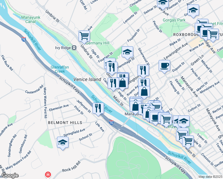 map of restaurants, bars, coffee shops, grocery stores, and more near 4602 Canton Street in Philadelphia