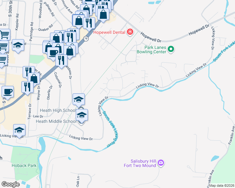 map of restaurants, bars, coffee shops, grocery stores, and more near 100 Glenwood Drive in Heath