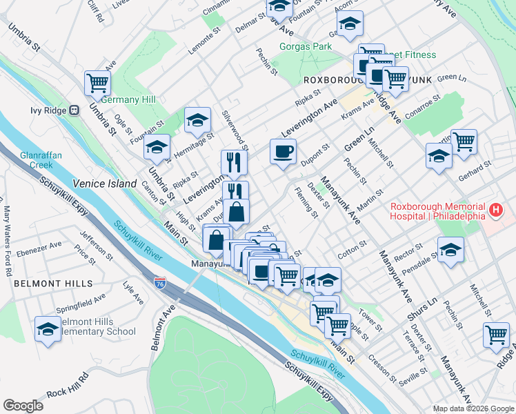map of restaurants, bars, coffee shops, grocery stores, and more near 219 Green Lane in Philadelphia