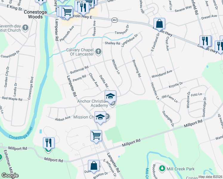 map of restaurants, bars, coffee shops, grocery stores, and more near 338 Dahlia Road in Lancaster