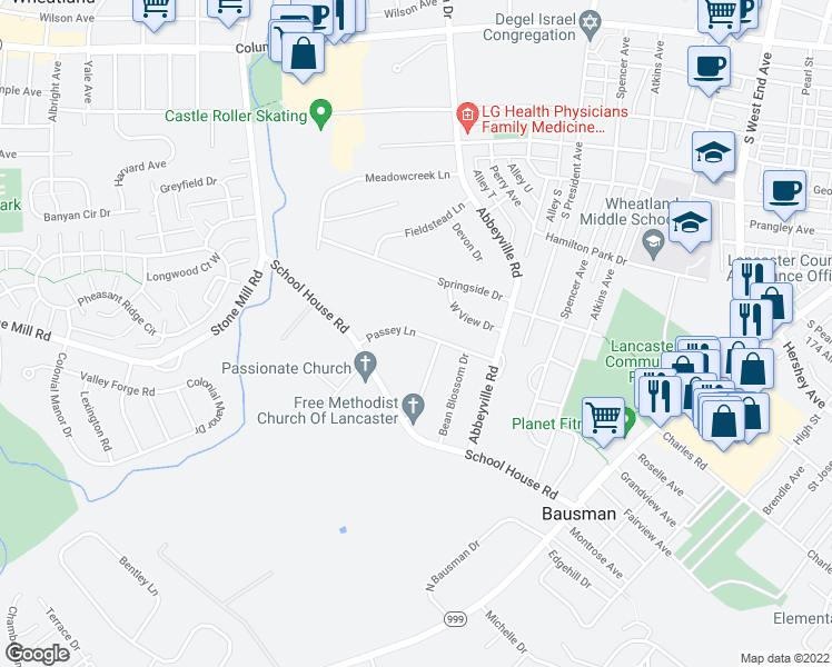 map of restaurants, bars, coffee shops, grocery stores, and more near 1442 Passey Lane in Lancaster