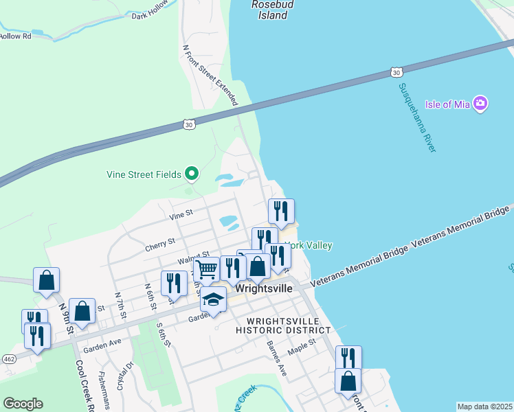 map of restaurants, bars, coffee shops, grocery stores, and more near 447 North Front Street in Wrightsville
