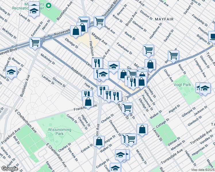map of restaurants, bars, coffee shops, grocery stores, and more near 3001 Robbins Street in Philadelphia