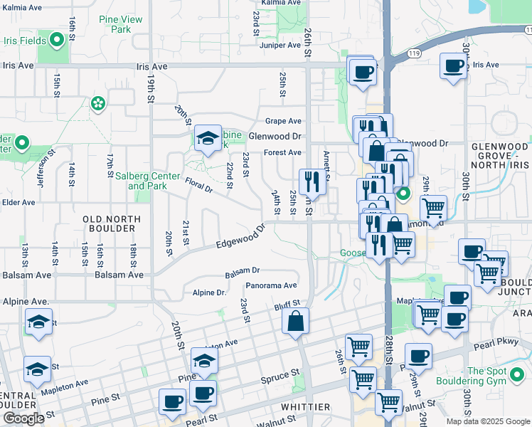 map of restaurants, bars, coffee shops, grocery stores, and more near 2994 23rd Street in Boulder