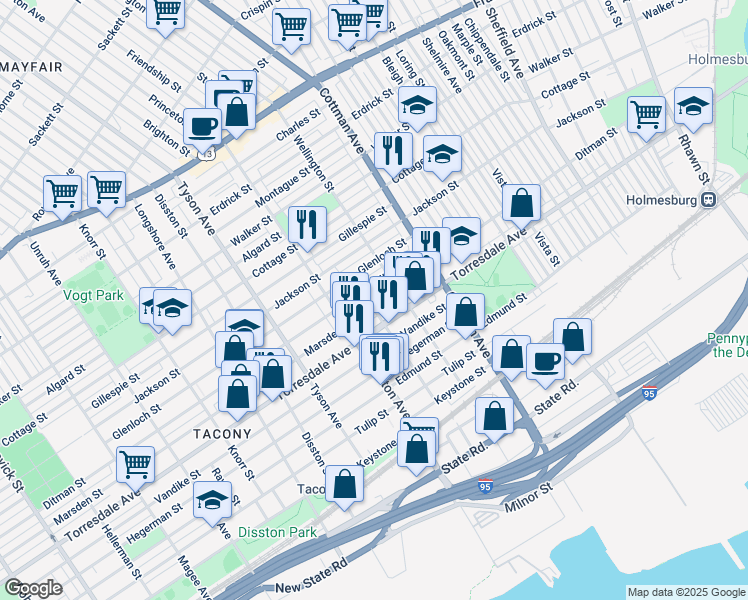 map of restaurants, bars, coffee shops, grocery stores, and more near 7132 Marsden Street in Philadelphia