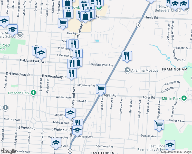 map of restaurants, bars, coffee shops, grocery stores, and more near 1951 East North Broadway in Columbus