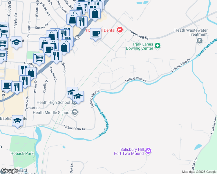 map of restaurants, bars, coffee shops, grocery stores, and more near 100 Glenwood Drive in Heath