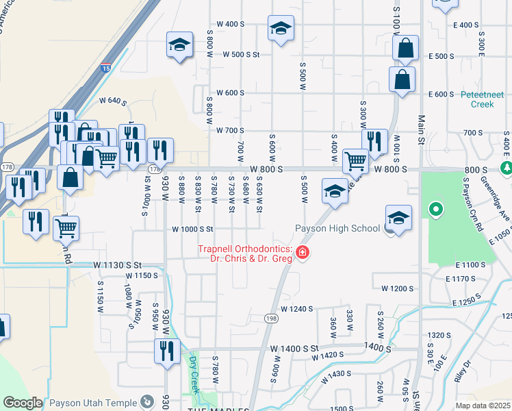 map of restaurants, bars, coffee shops, grocery stores, and more near 914 South 630 West Street in Payson