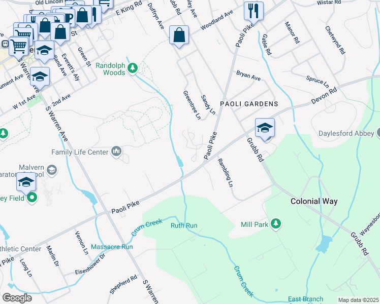 map of restaurants, bars, coffee shops, grocery stores, and more near 207 Archer Court in Malvern