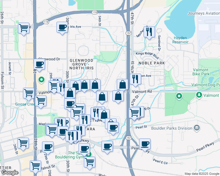 map of restaurants, bars, coffee shops, grocery stores, and more near 2990 Wilderness Place in Boulder